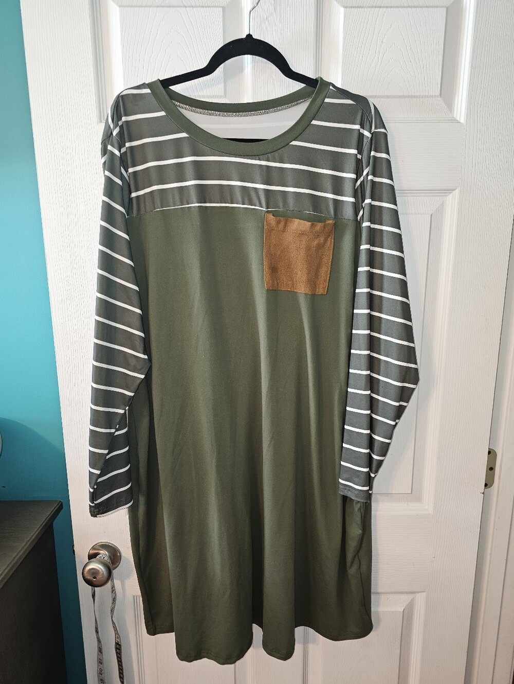 Olive Green Striped Long Sleeve Tunic with Brown Pocket Dress 2x